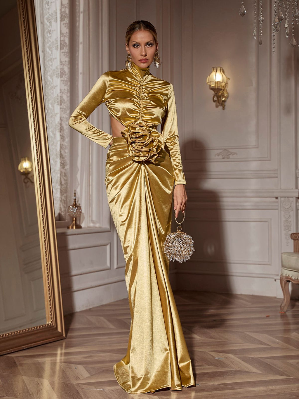 Renwick Long Sleeve Flower Cutout Maxi Dress In Gold